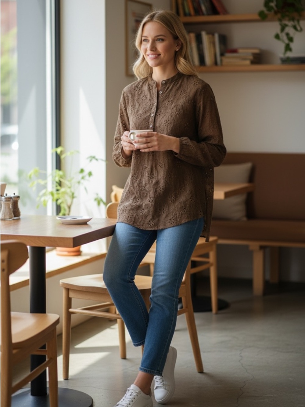 JOHNNY WAS Jade Lightweight Cotton/silk blend Brown Eyelet Tunic, M